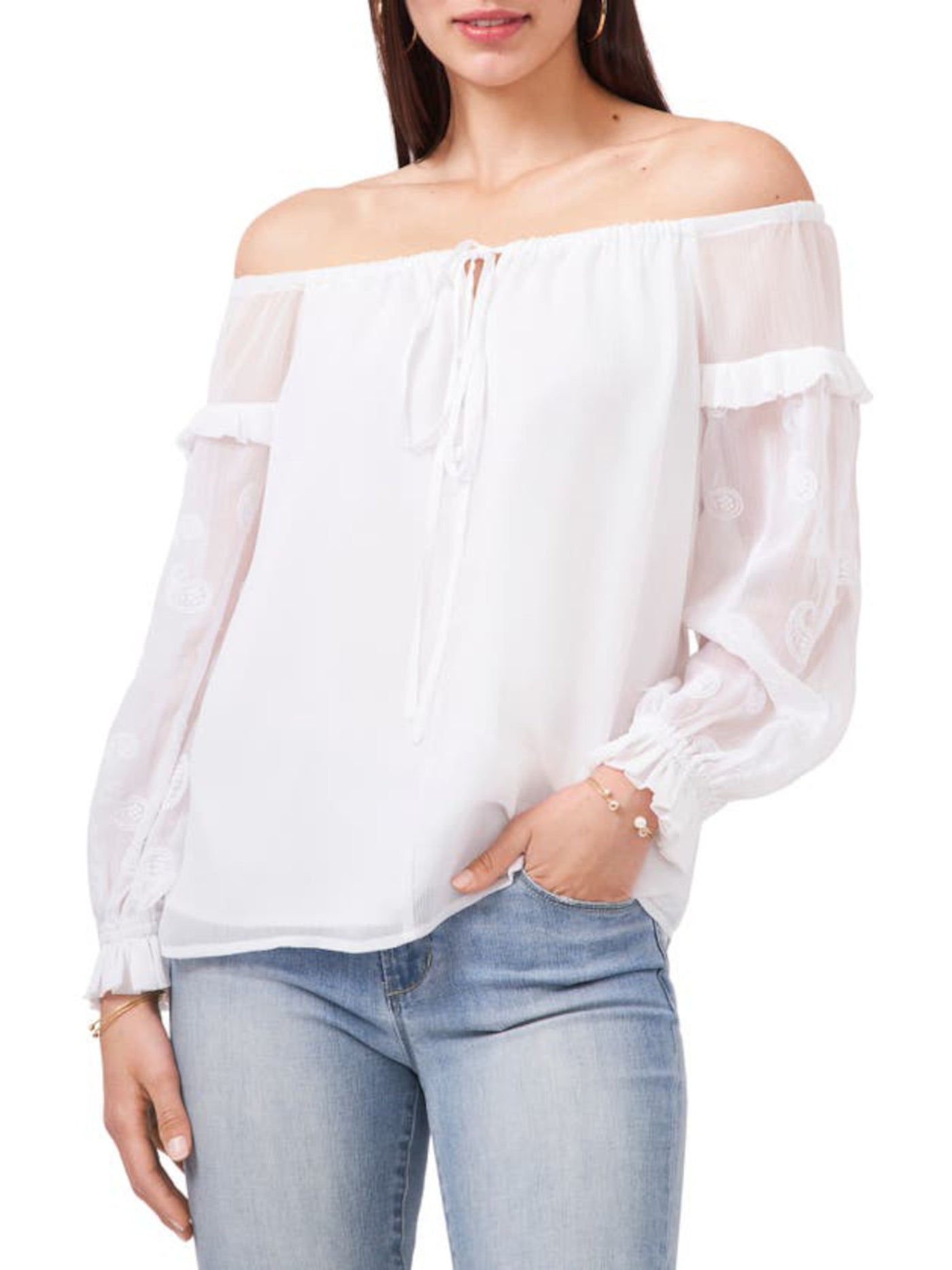 VINCE CAMUTO Womens White Embroidered Sheer Faux Buttons Tie Lined Ruffled Blouson Sleeve Off Shoulder Peasant Top S