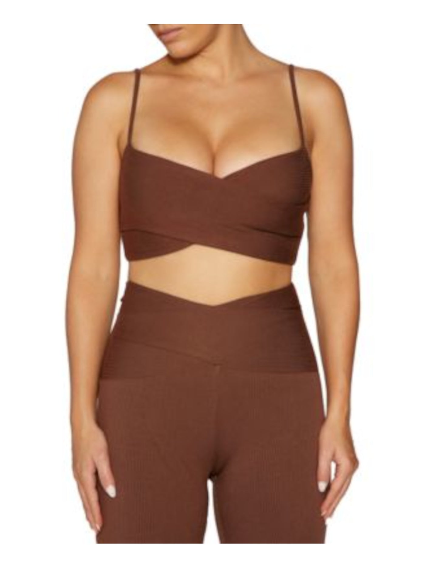 NAKED WARDROBE Womens Brown Ribbed Crisscross Spaghetti Strap Sweetheart Neckline Crop Top XL