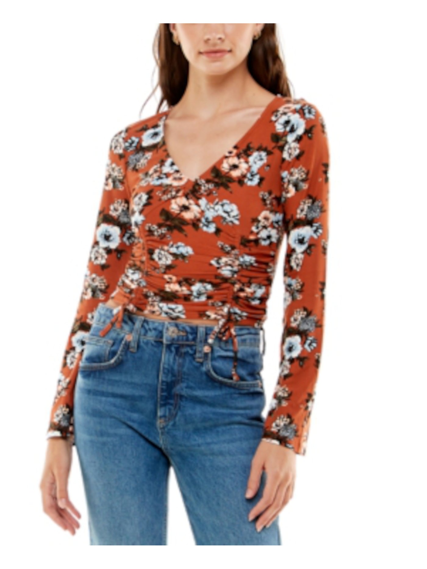 ALMOST FAMOUS Womens Brown Stretch Ruched Tie Floral Bell Sleeve V Neck Top S