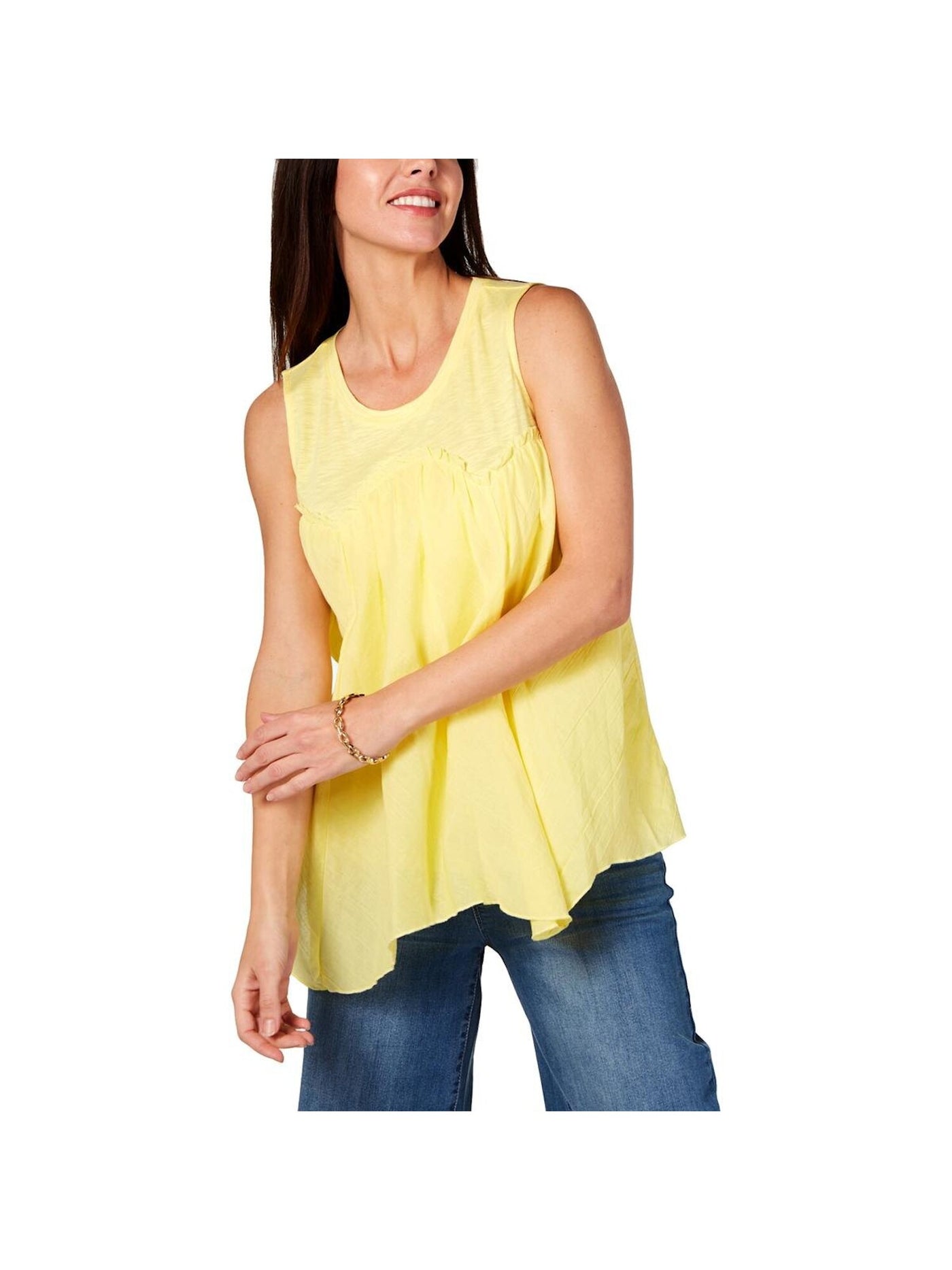 STYLE & COMPANY Womens Yellow Handkerchief-hem Sleeveless Crew Neck Handkerchief Top L