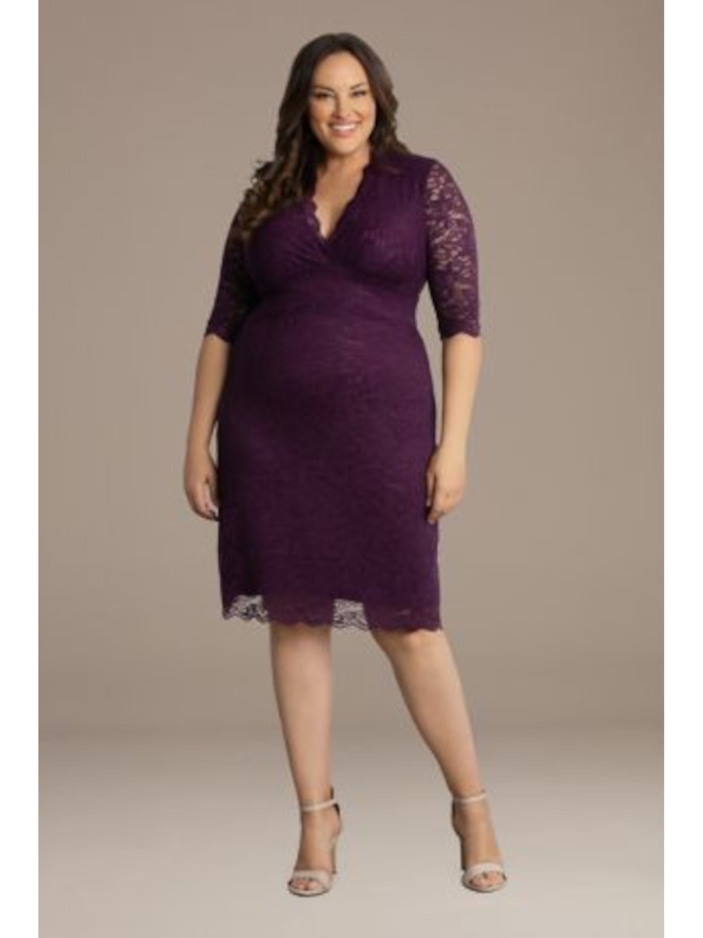 KIYONNA Womens Purple Stretch Scalloped Lace Lined 3/4 Sleeve Surplice Neckline Below The Knee Evening Sheath Dress Plus 1X