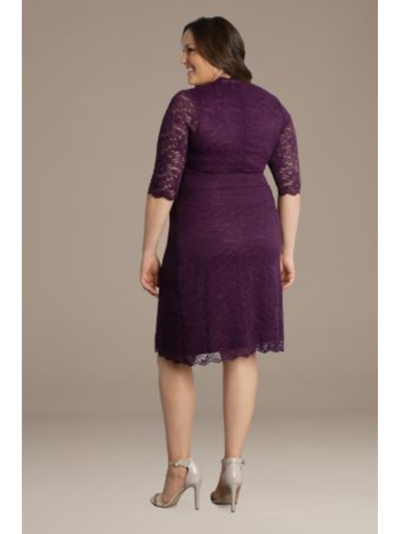 KIYONNA Womens Purple Stretch Scalloped Lace Lined 3/4 Sleeve Surplice Neckline Below The Knee Evening Sheath Dress Plus 1X