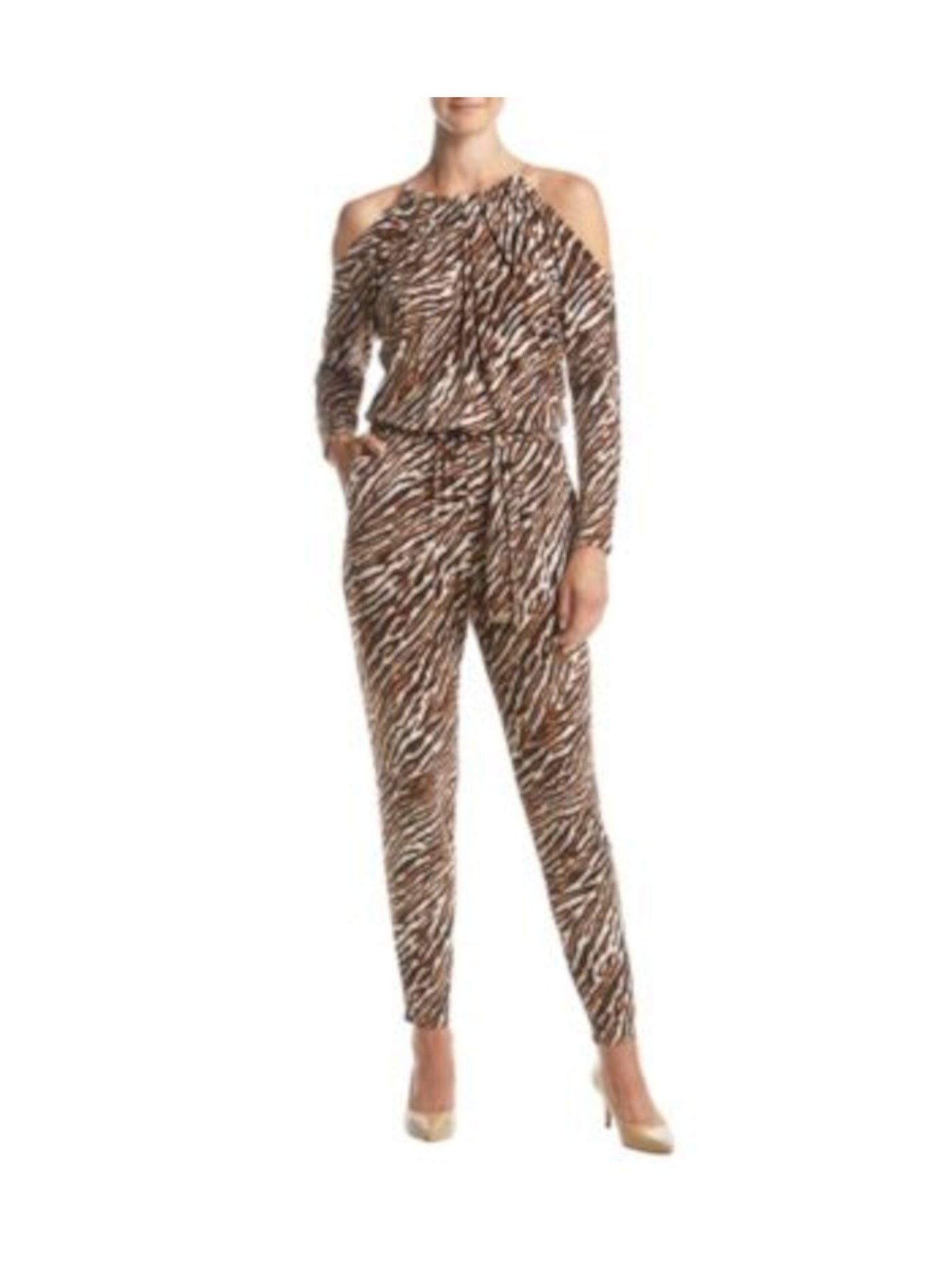 MICHAEL KORS Womens Brown Cold Shoulder Animal Print Long Sleeve Halter Skinny Jumpsuit S