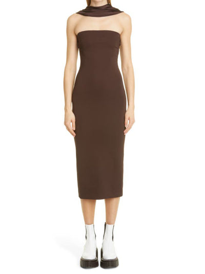 ET OCHS Womens Brown Zippered Slitted Bandeau Neckline Faux Scarf Sleeveless Midi Evening Body Con Dress 2