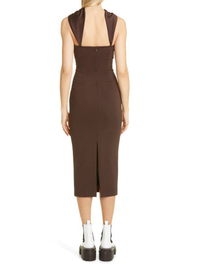 ET OCHS Womens Brown Zippered Slitted Bandeau Neckline Faux Scarf Sleeveless Midi Evening Body Con Dress 2