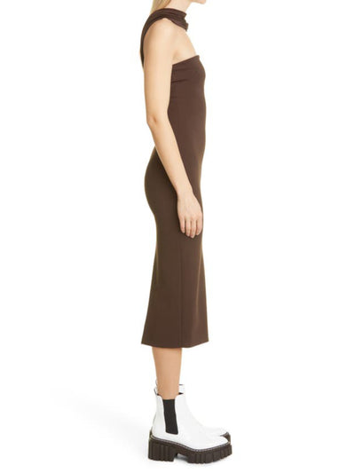 ET OCHS Womens Brown Zippered Slitted Bandeau Neckline Faux Scarf Sleeveless Midi Evening Body Con Dress 2