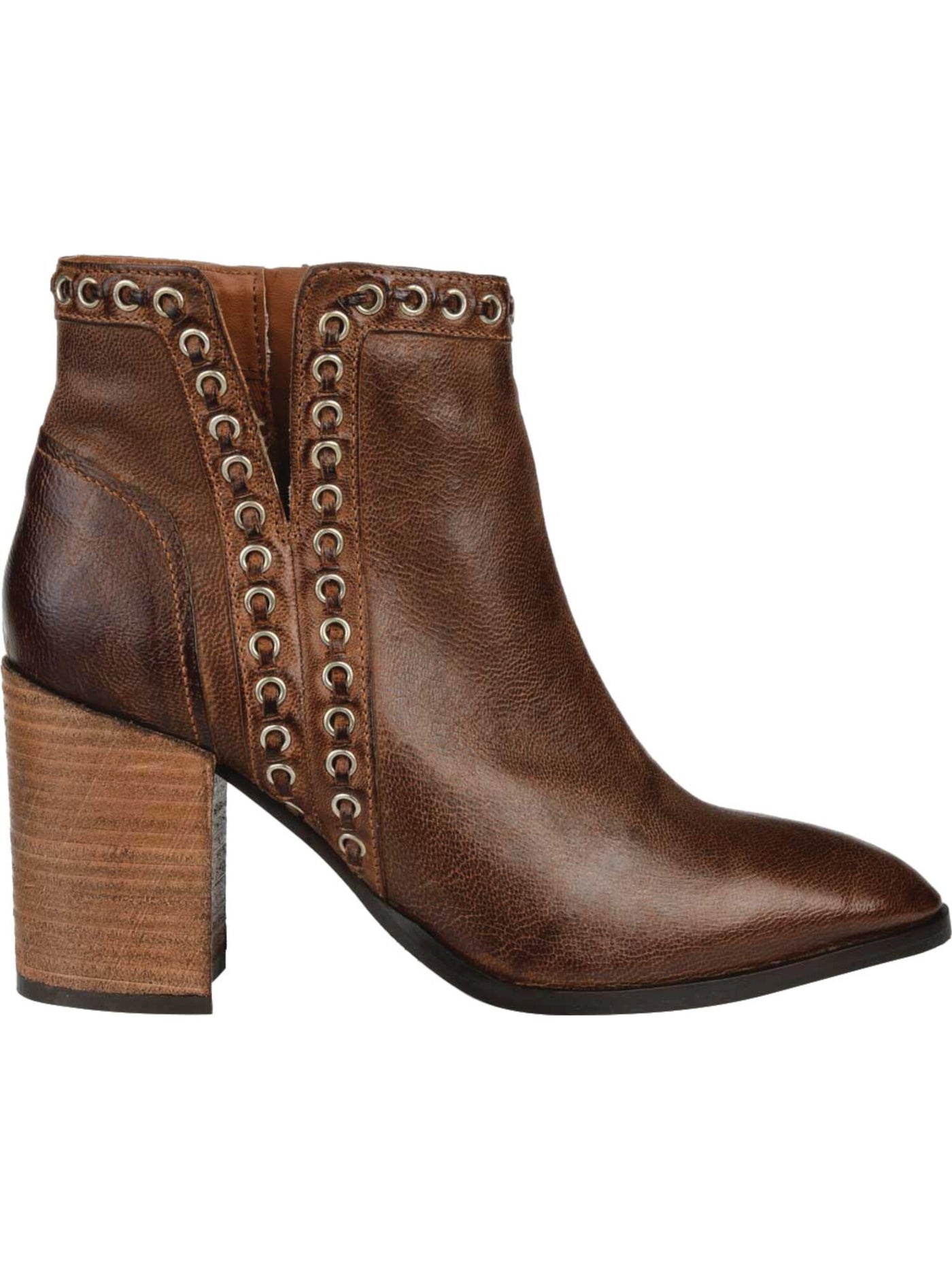 JOURNEE SIGNATURE Womens Brown Lace Detail Padded Eyelet Jorri Almond Toe Stacked Heel Zip-Up Leather Booties 7 M