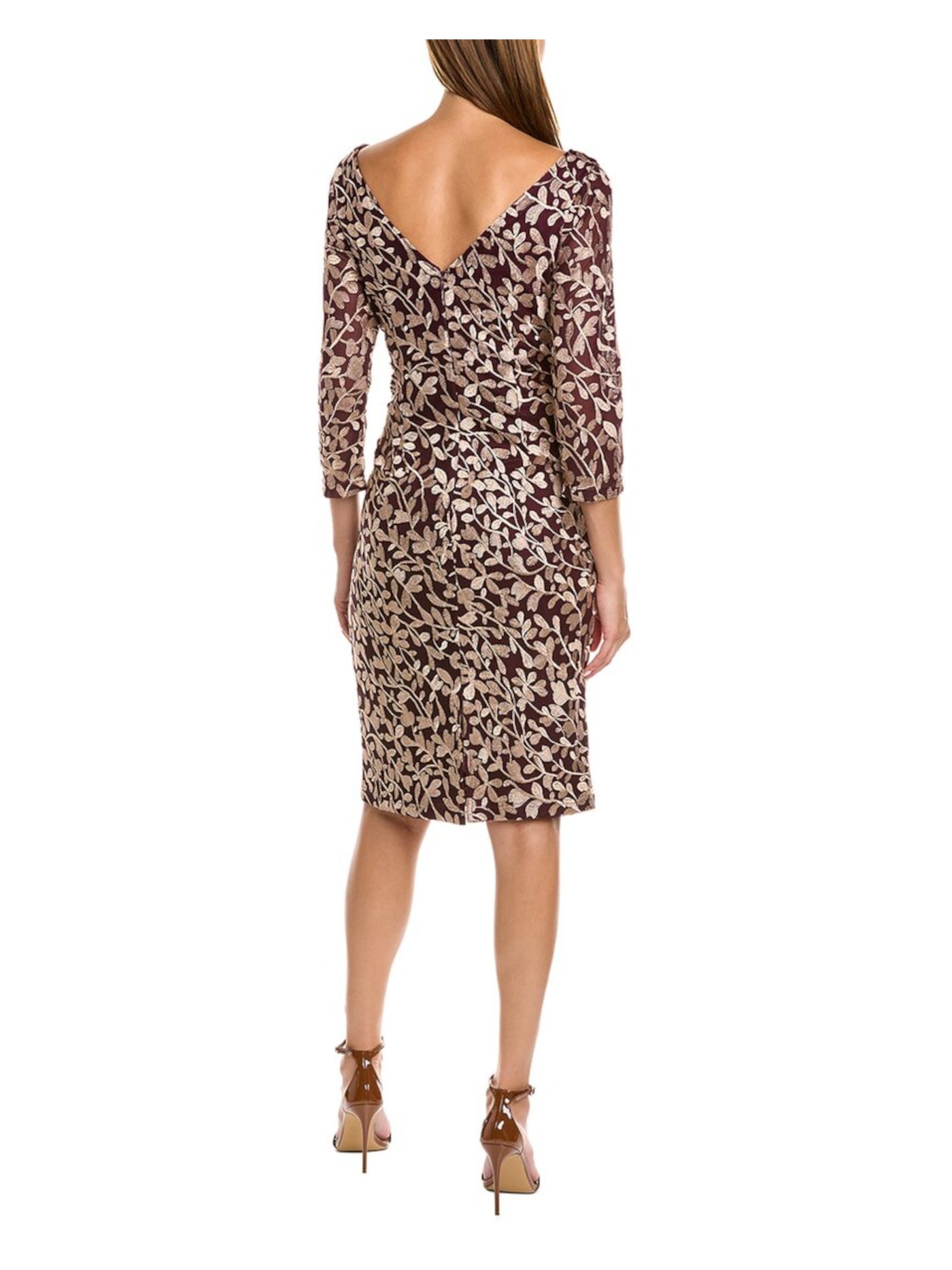 JS COLLECTION Womens Mesh Embroidered Zippered Lined Fitted Slitted 3/4 Sleeve Boat Neck Knee Length Sheath Dress