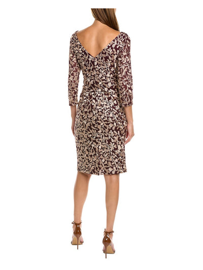 JS COLLECTION Womens Mesh Embroidered Zippered Lined Fitted Slitted 3/4 Sleeve Boat Neck Knee Length Sheath Dress