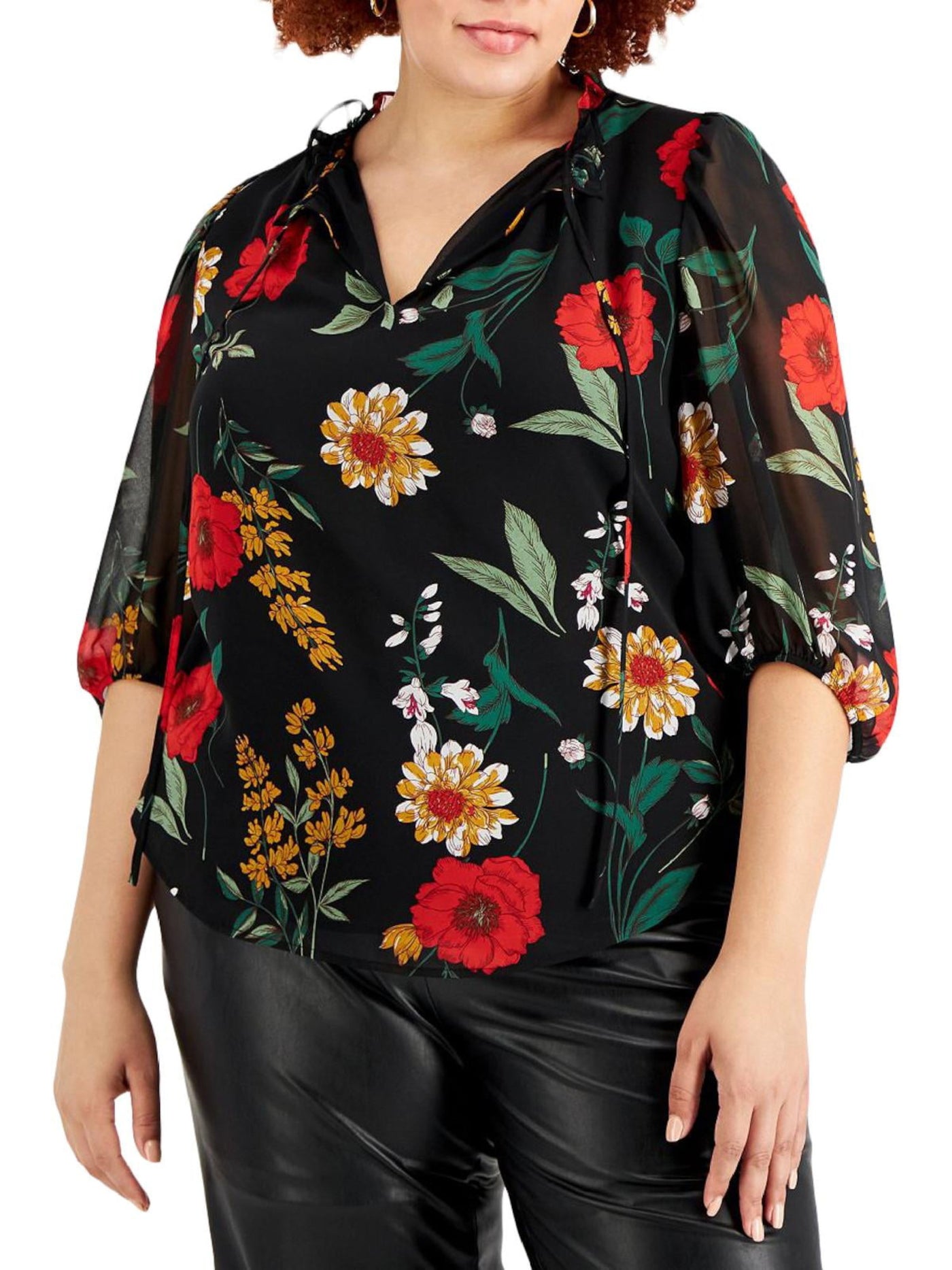 BAR III Womens Black Lined Sheer Ruffled Curved Hem Tie Floral 3/4 Sleeve Split Blouse Plus 1X