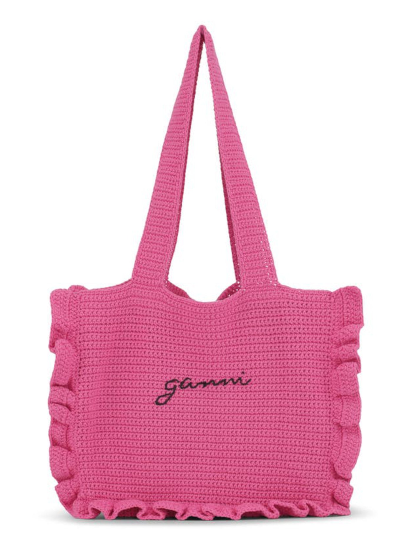 GANNI Women's Pink Solid Ruffled Crochet Double Flat Strap Tote Handbag Purse