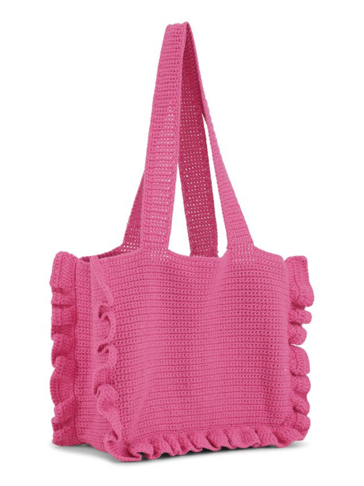 GANNI Women's Pink Solid Ruffled Crochet Double Flat Strap Tote Handbag Purse