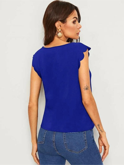 SHEIN Womens Blue Scalloped Curved Hem Flutter Sleeve Keyhole Top Plus 0X