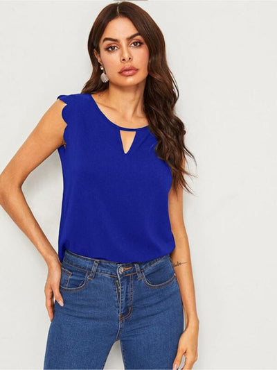 SHEIN Womens Blue Scalloped Curved Hem Flutter Sleeve Keyhole Top Plus 0X