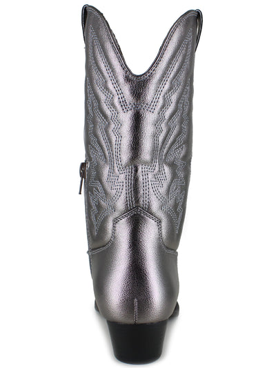 PORTLAND BOOT COMPANY Womens Gray Dual Pull-Tabs Curved  Padded Embroidered Metallic Olympia Pointed Toe Stacked Heel Western Boot 7 M