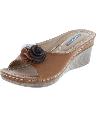 GOOD CHOICE Womens Brown 1/2" Platform Flower Detail Cushioned Comfort Sydney Round Toe Wedge Slip On Slide Sandals 7