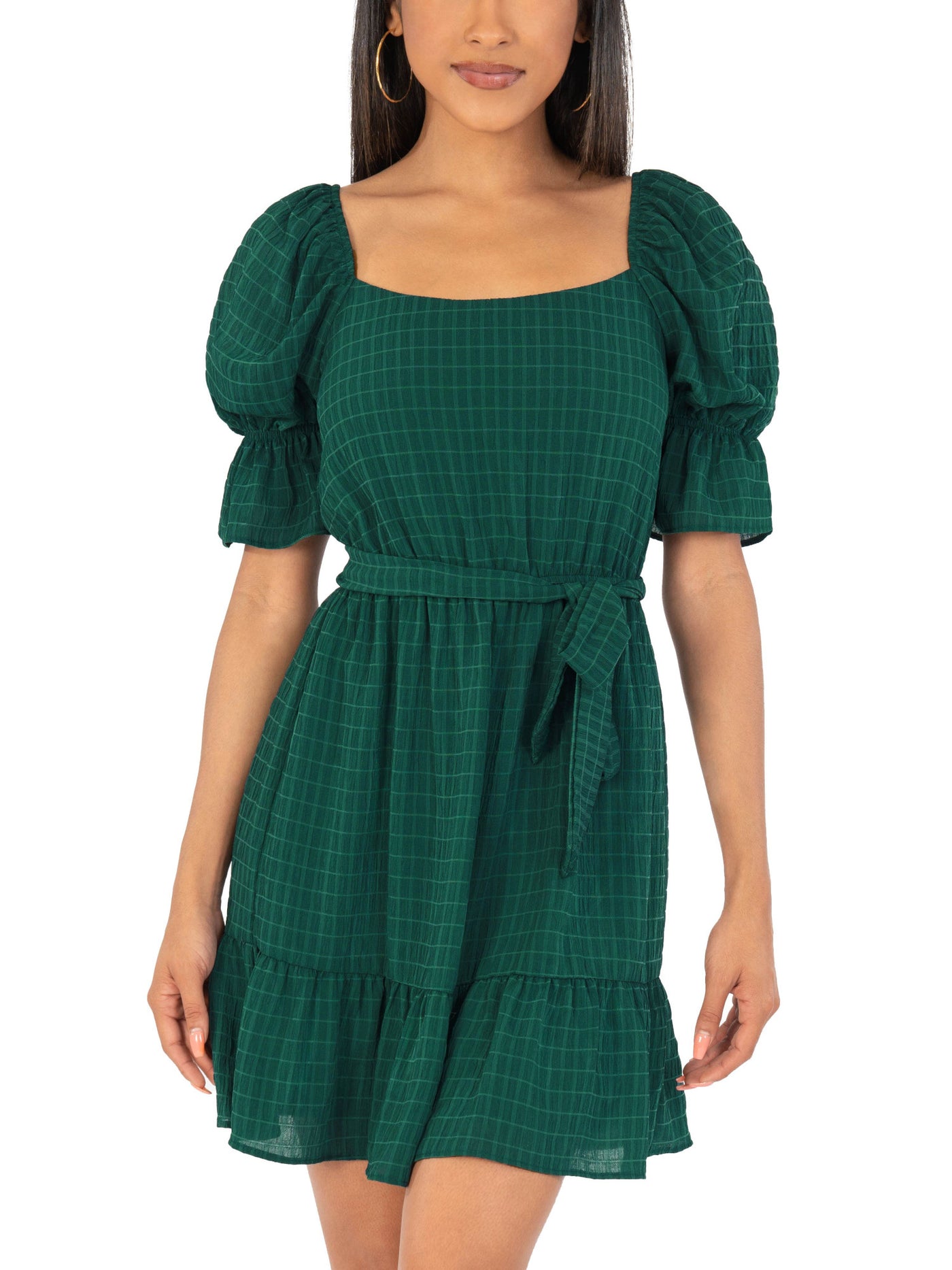 SPEECHLESS Womens Green Stretch Ruffled Belted Semi-sheer Lined Pouf Sleeve Square Neck Mini Party Fit + Flare Dress XXS