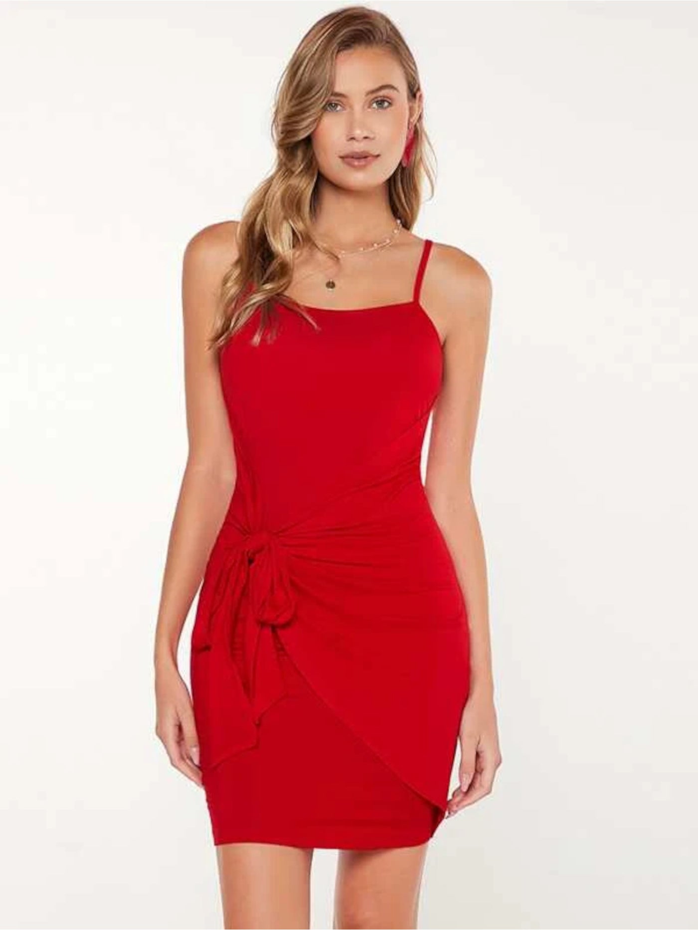 EMERALD SUNDAE Womens Red Stretch Tie Pleated Draped Front Tulip Hem Spaghetti Strap Scoop Neck Mini Party Body Con Dress XS