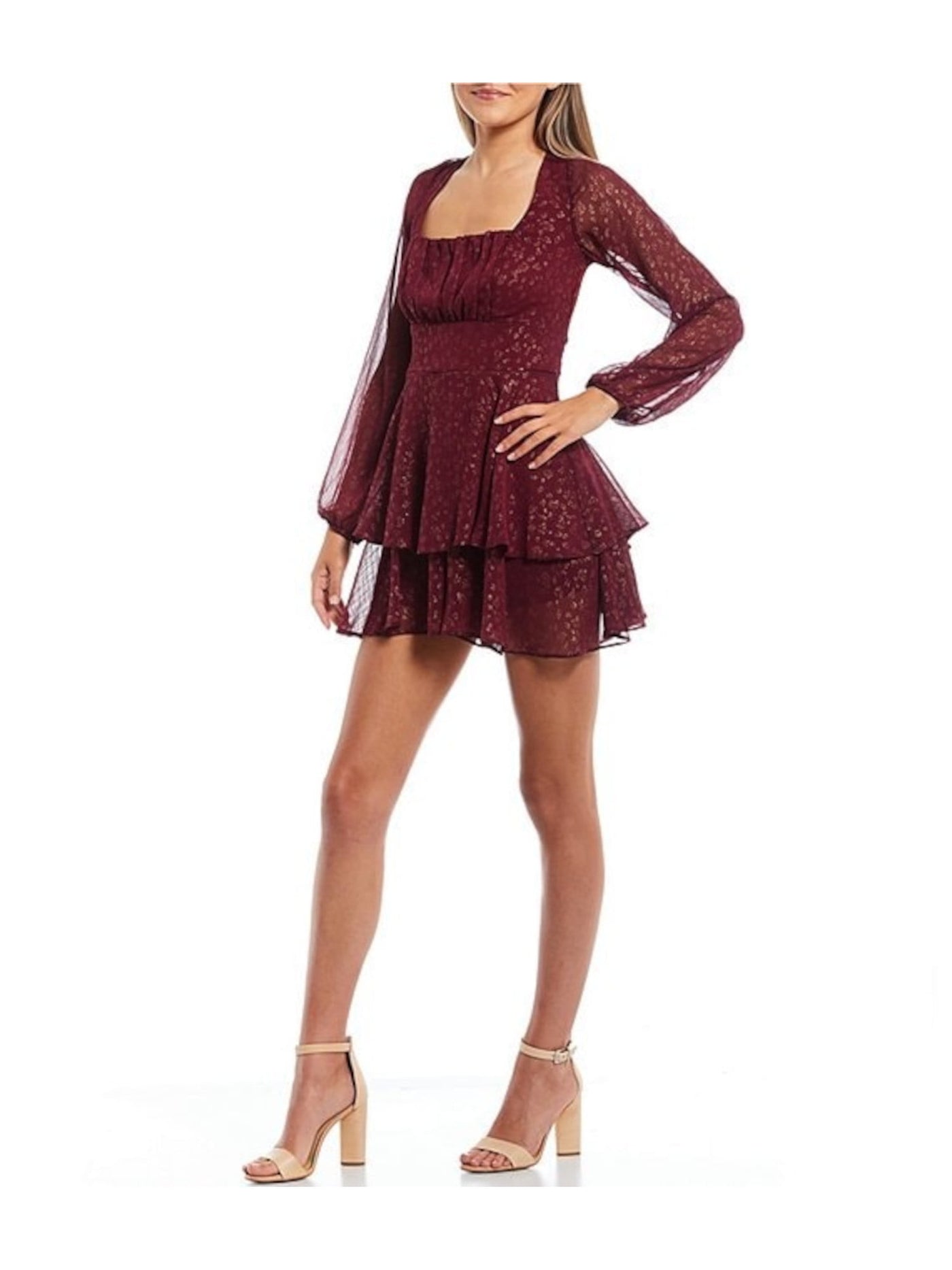 CITY STUDIO Womens Maroon Pleated Zippered Tiered Skirt Tie Back Lined Long Sleeve Square Neck Mini Party Fit + Flare Dress Juniors 5