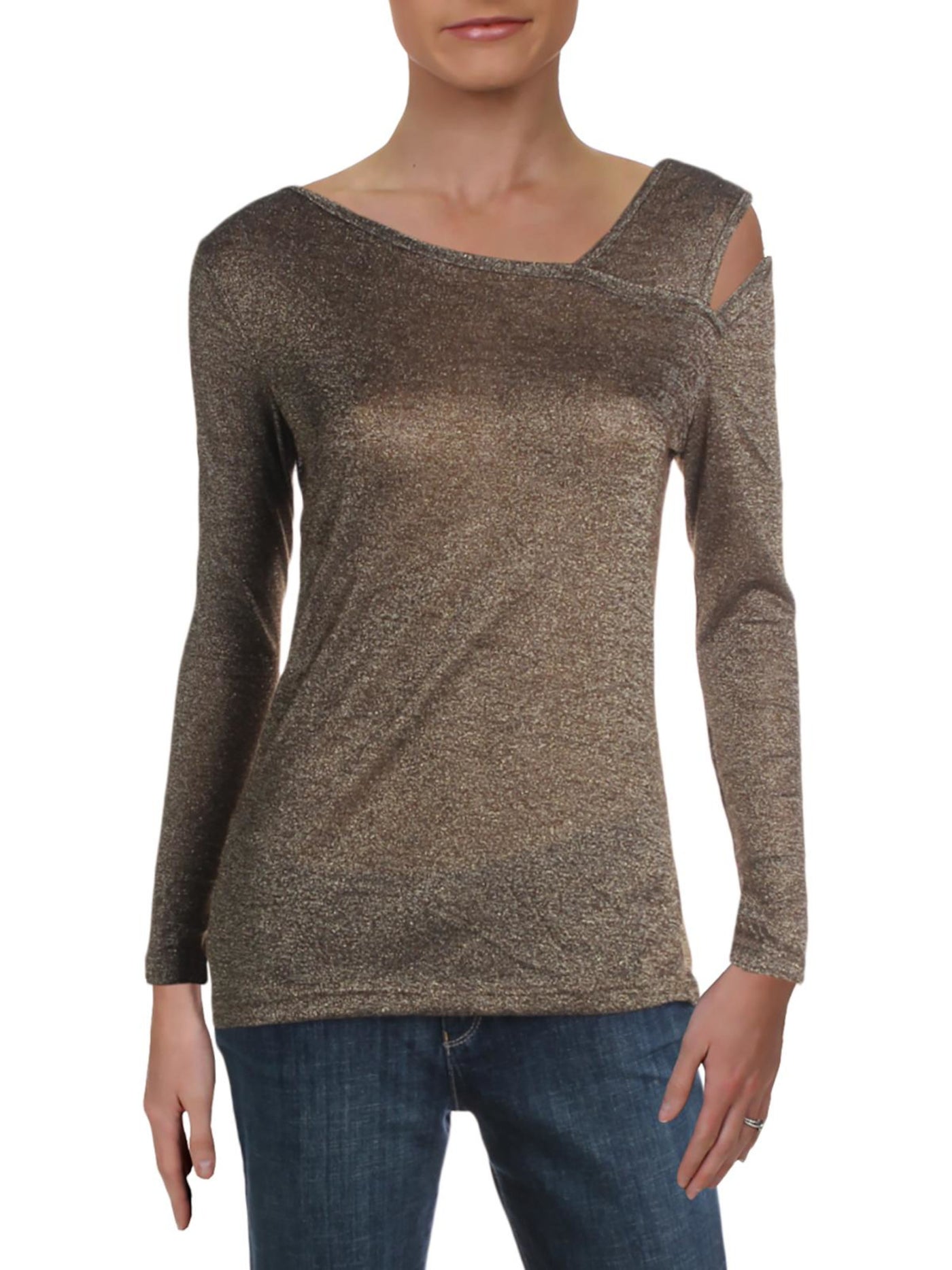 4OUR DREAMERS Womens Gold Long Sleeve Asymmetrical Neckline Party Top XS