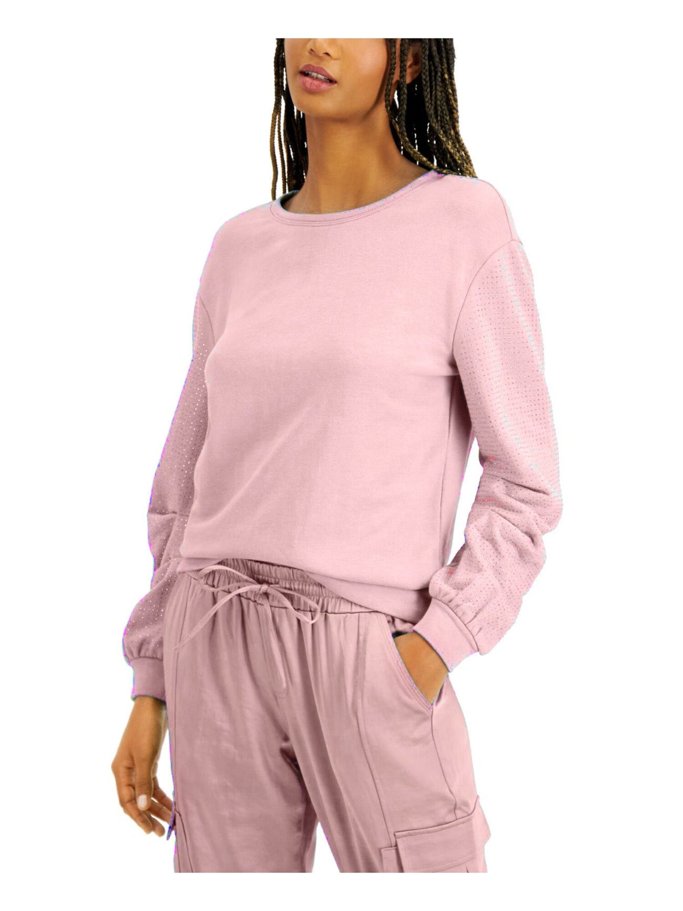 INC Womens Pink Cotton Blend Embellished Sleeves Sweatshirt XS