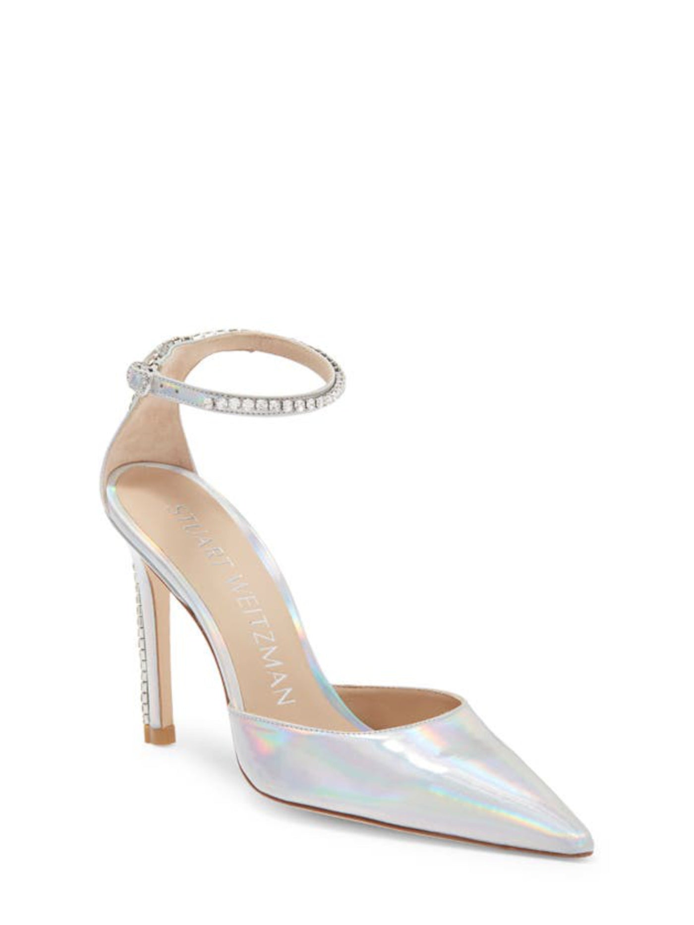 STUART WEITZMAN Womens Silver Iridescent Padded Embellished Ankle Strap Glam 100 Pointed Toe Stiletto Buckle Dress Pumps Shoes 8.5 B