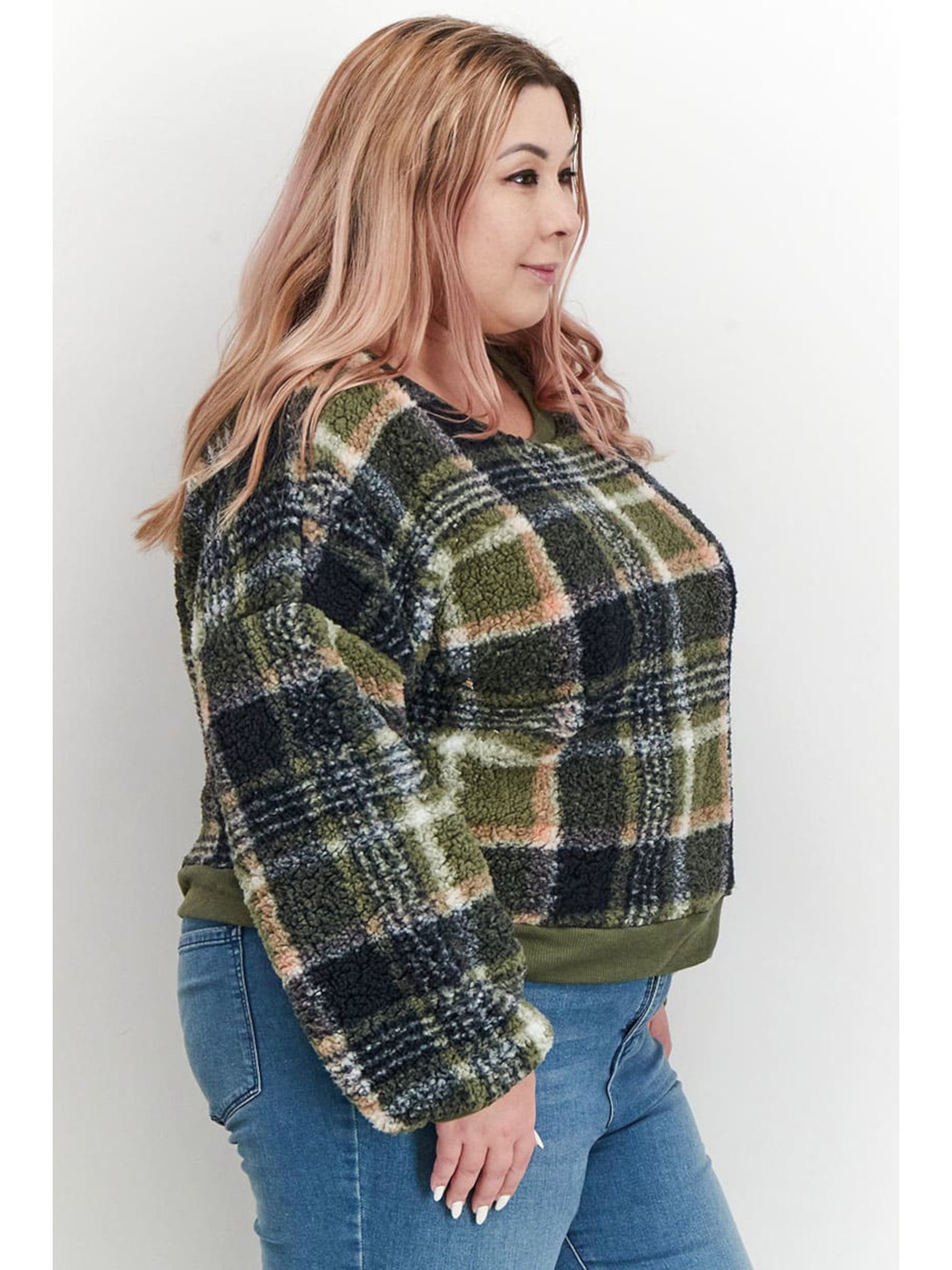 LOVE + JOY Womens Green Plaid Long Sleeve Crew Neck Sweater Plus 3X