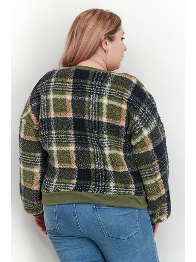 LOVE + JOY Womens Green Plaid Long Sleeve Crew Neck Sweater Plus 1X