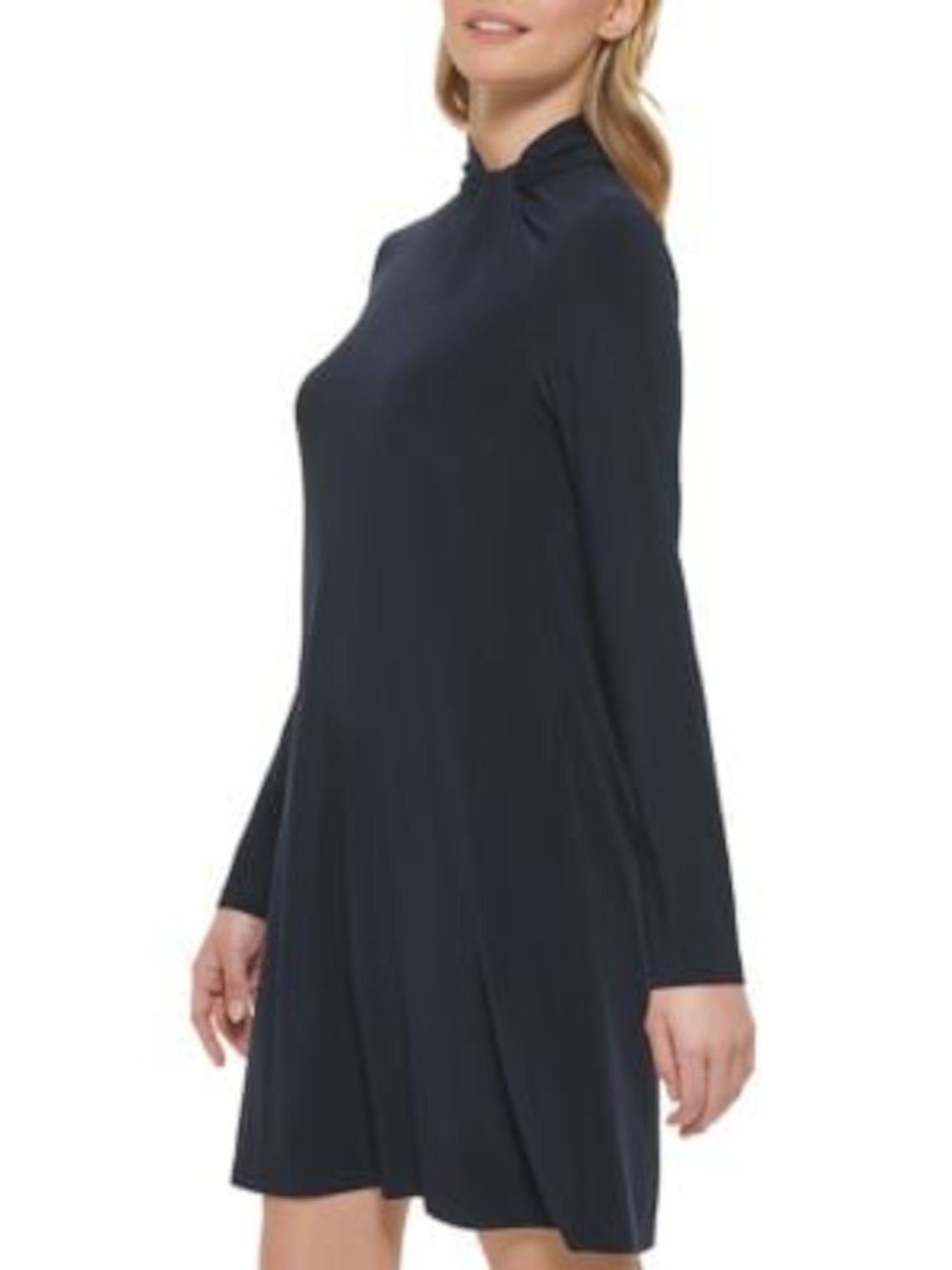 TOMMY HILFIGER Womens Navy Stretch Zippered Twist Neck Long Sleeve Mock Neck Above The Knee Shift Dress 14