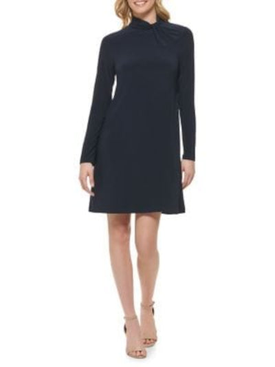 TOMMY HILFIGER Womens Navy Stretch Zippered Twist Neck Long Sleeve Mock Neck Above The Knee Shift Dress 14