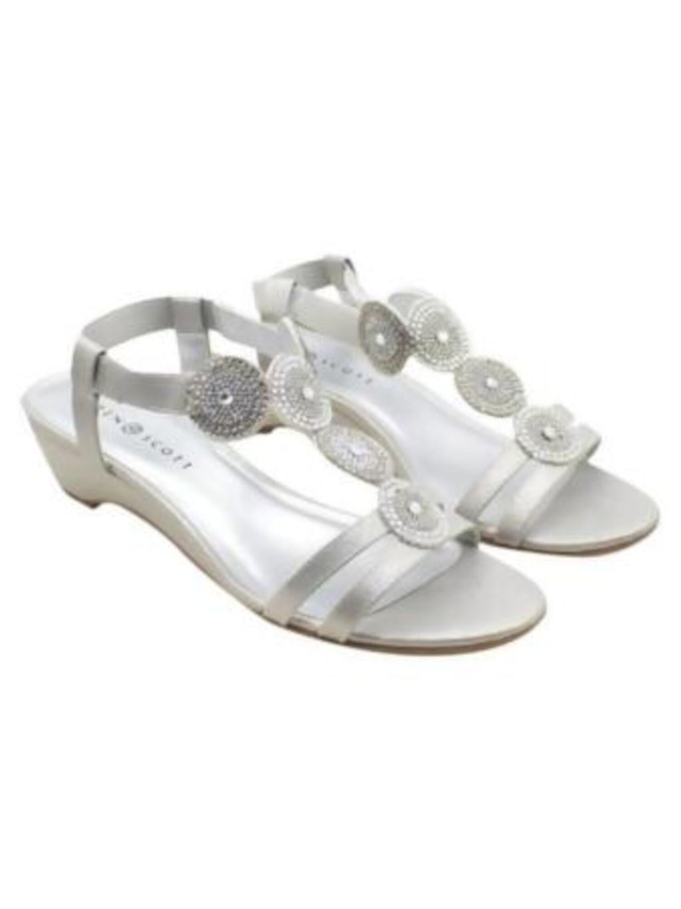 KAREN SCOTT Womens Silver Gladiator Inspired Rhinestone Medallion Accents Metallic Cushioned T-Strap Catrinaa Round Toe Wedge Slip On Dress Heeled Thong Sandals 9 M