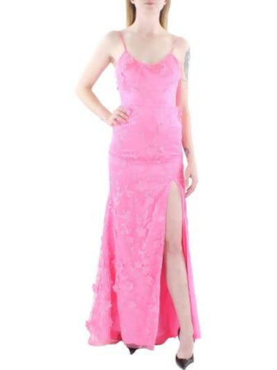 DEAR MOON Womens Pink Zippered Slitted Lace-up Back Lined Spaghetti Strap Scoop Neck Full-Length Evening Gown Dress 7