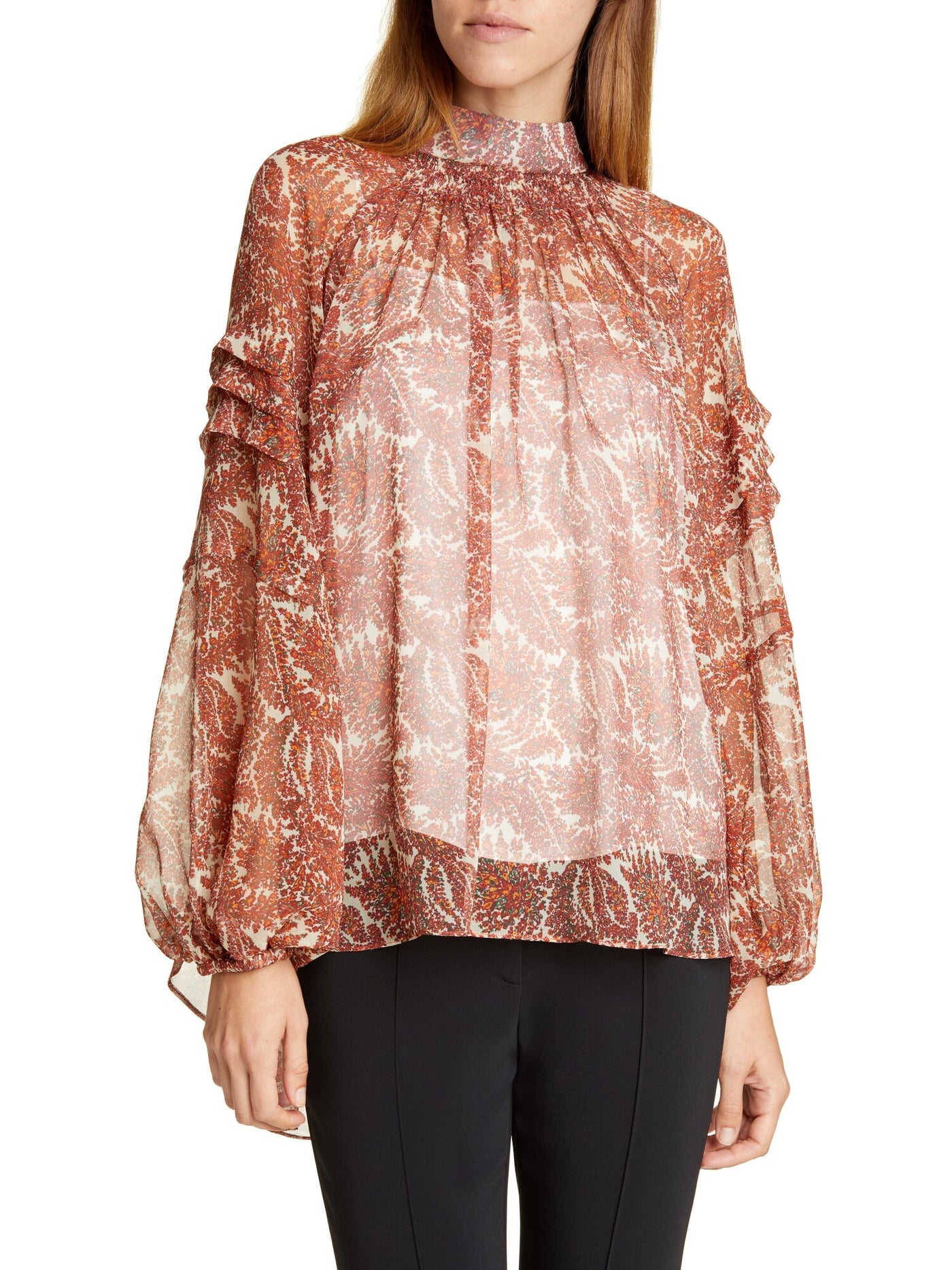 Adam Lippes Womens Orange Floral Long Sleeve Turtle Neck Blouse 8