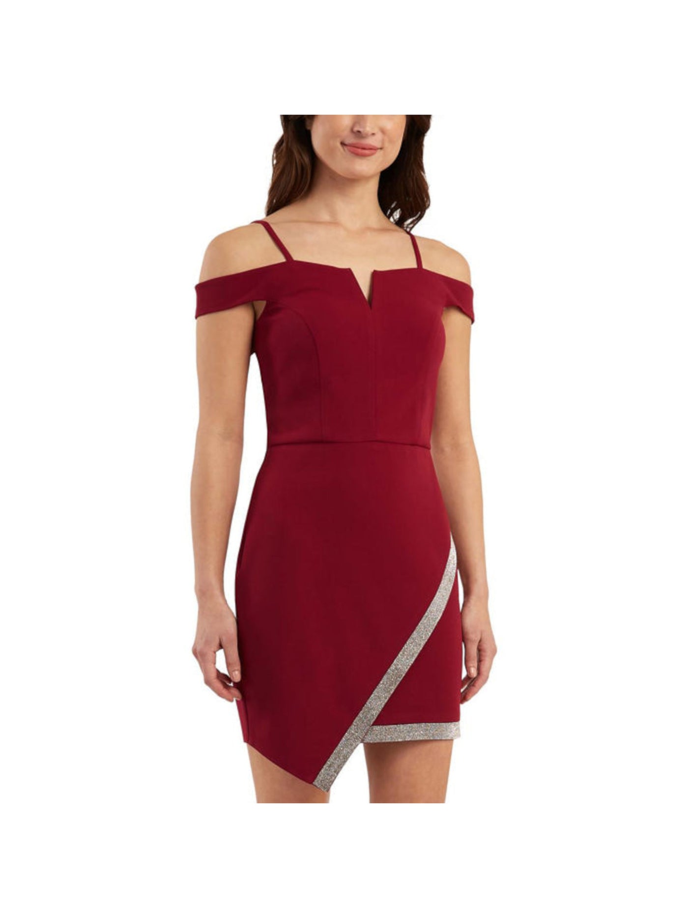 BCX Womens Burgundy Beaded Zippered Notch Asymmetrical Hem Spaghetti Strap Off Shoulder Above The Knee Cocktail Body Con Dress 9