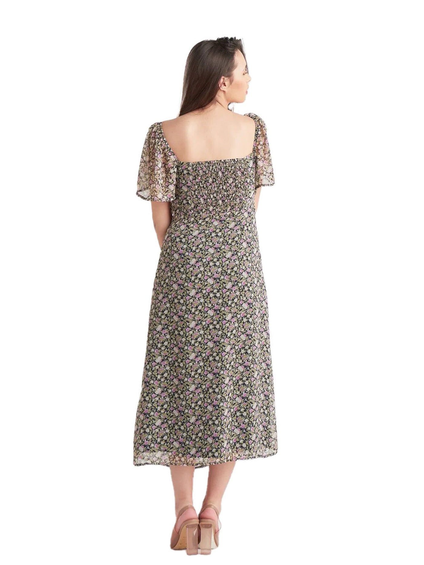 BLACK TAPE Womens Smocked Pouf Sleeve Square Neck Short Party Fit + Flare Dress