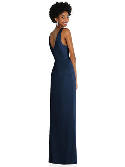 AFTER SIX Womens Navy Gathered Zippered Wrap-style Skirt Lined Sleeveless V Neck Full-Length Evening Gown Dress 14