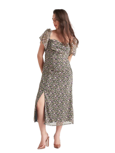 BLACK TAPE Womens Smocked Pouf Sleeve Square Neck Short Party Fit + Flare Dress
