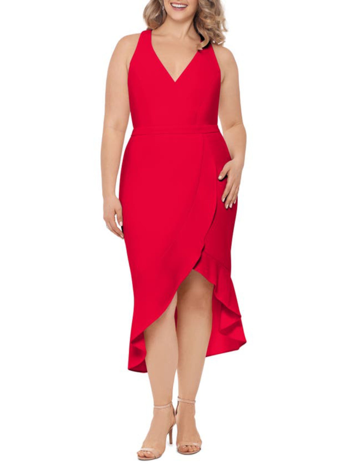 XSCAPE Womens Red Stretch Ruffled Zippered Scuba Crepe Tulip Hi-lo Hem Sleeveless Surplice Neckline Midi Party Mermaid Dress Plus 22W