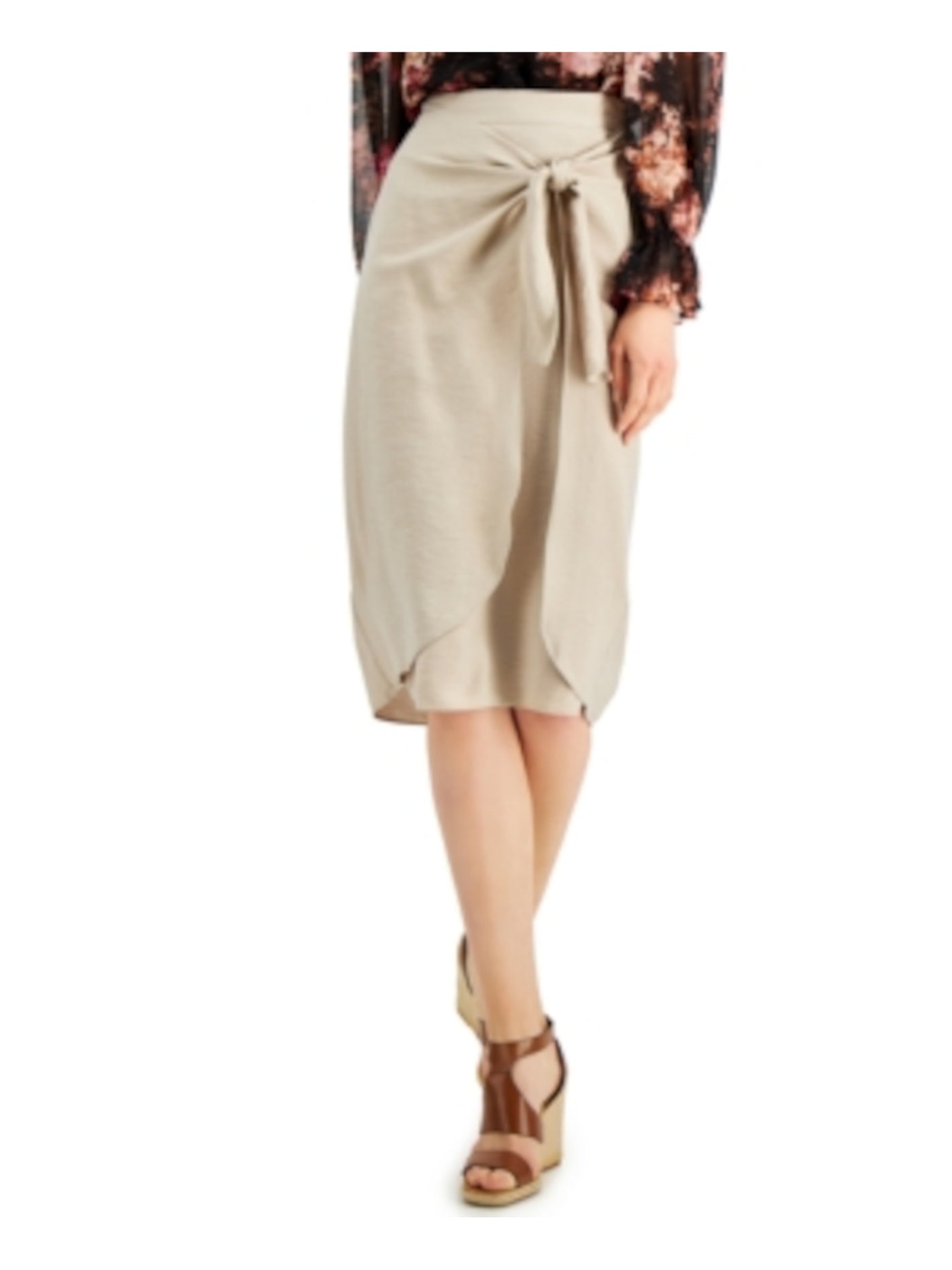 INC Womens Beige Tie Elastic Back Waist Below The Knee Faux Wrap Skirt L