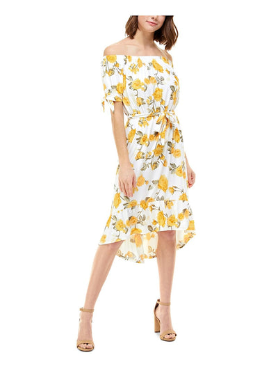 PLANET GOLD Womens Stretch Tie Ruffled Short Sleeve Off Shoulder Below The Knee Evening Hi-Lo Dress