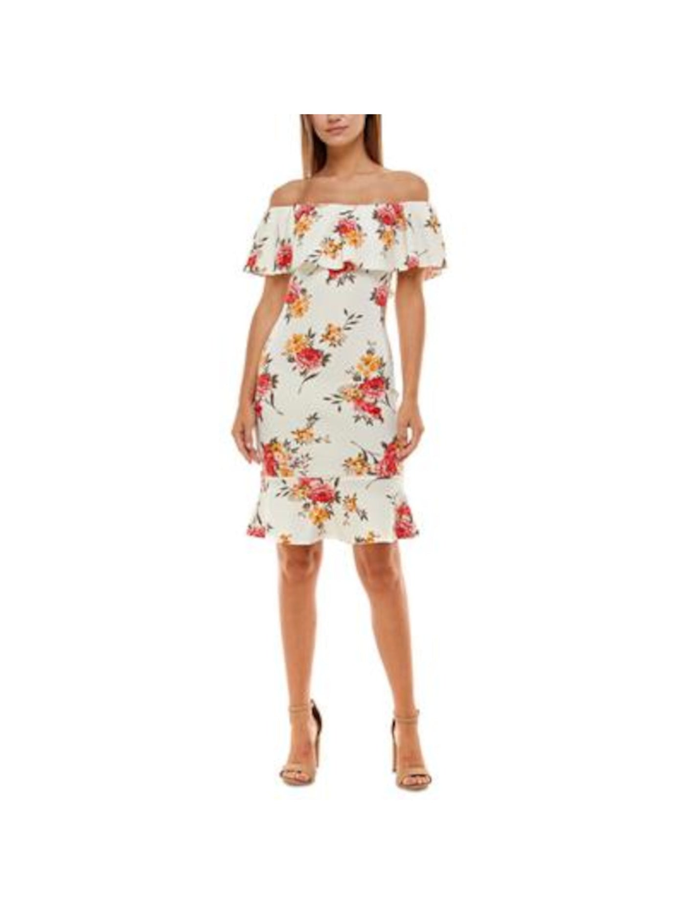 ALMOST FAMOUS Womens White Ruffled Hidden Back Zipper Floral Strapless Knee Length Evening Body Con Dress Juniors XXS