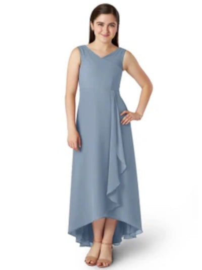 ADRIANNA PAPELL Womens Light Blue Stretch Zippered Pleated Cascade Ruffle Lined Sleeveless Asymmetrical Neckline Full-Length Formal Gown Dress 12