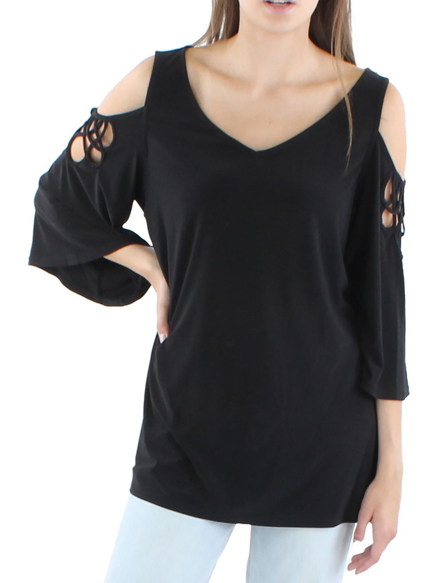 VINCE CAMUTO Womens Black Cold Shoulder Cut Out 3/4 Sleeve V Neck Top XXS