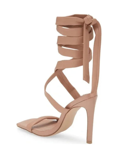 STEVE MADDEN Womens Beige Crocodile Strappy Comfort Utilize Square Toe Stiletto Lace-Up Dress Heeled Sandal 8.5 M