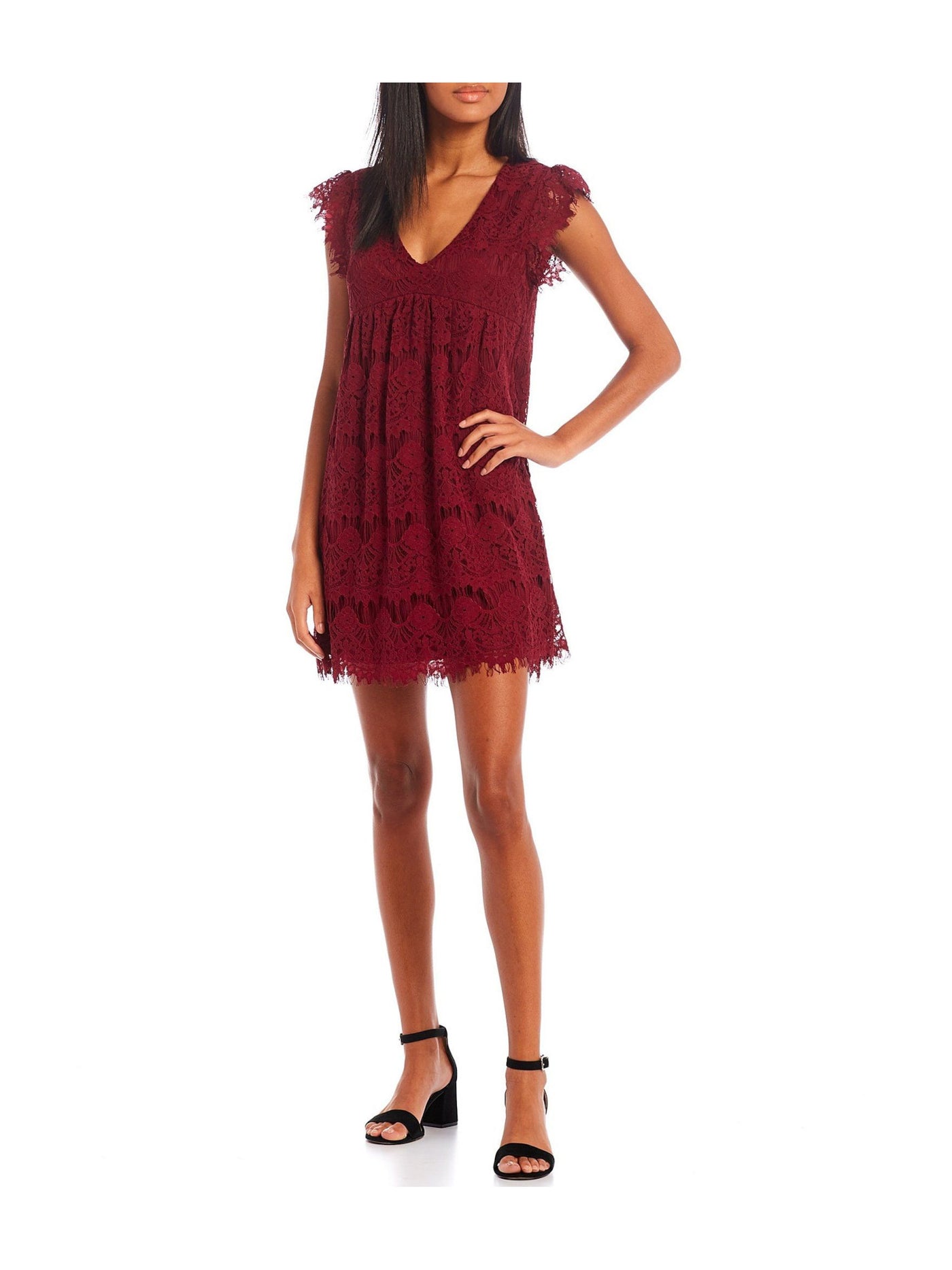 SPEECHLESS Womens Burgundy Lace Eyelash Trim Keyhole Back Closur Floral Cap Sleeve V Neck Short Party Shift Dress M