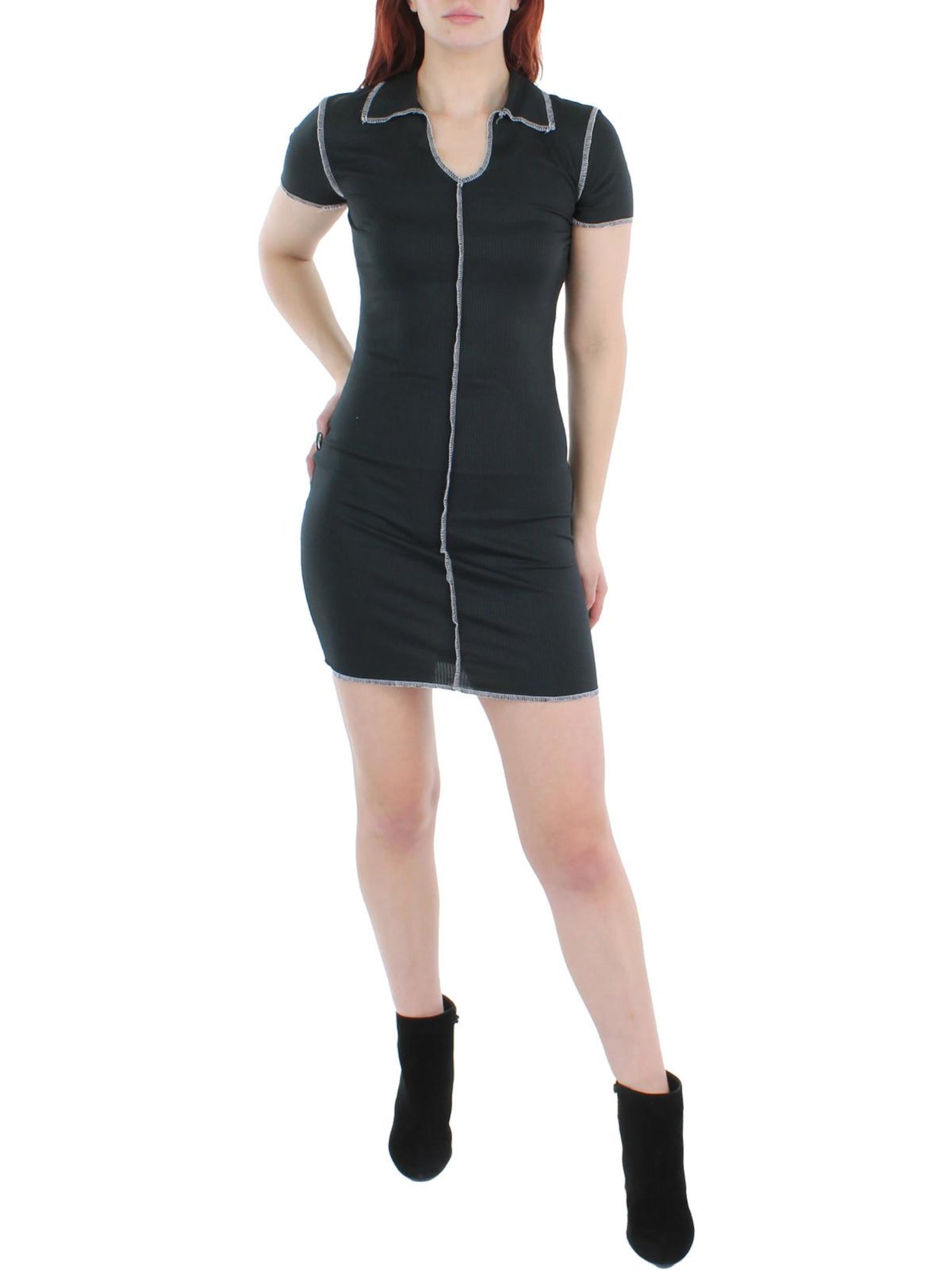 NO COMMENT Womens Black Short Sleeve Collared Short Sheath Dress Juniors L