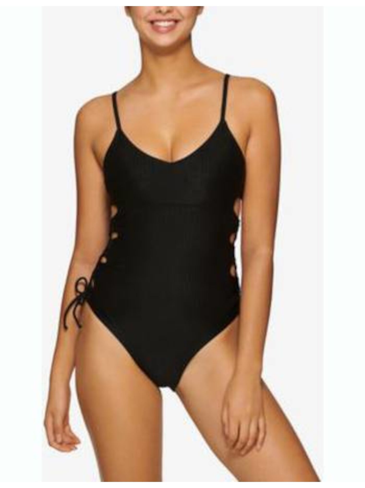 HULA HONEY Women's Black Stretch Deep V Neck Full Coverage One Piece Swimsuit S