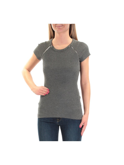 INC Womens Gray Ribbed Zippered Accents Stretch Short Sleeve Round Neck Top XS