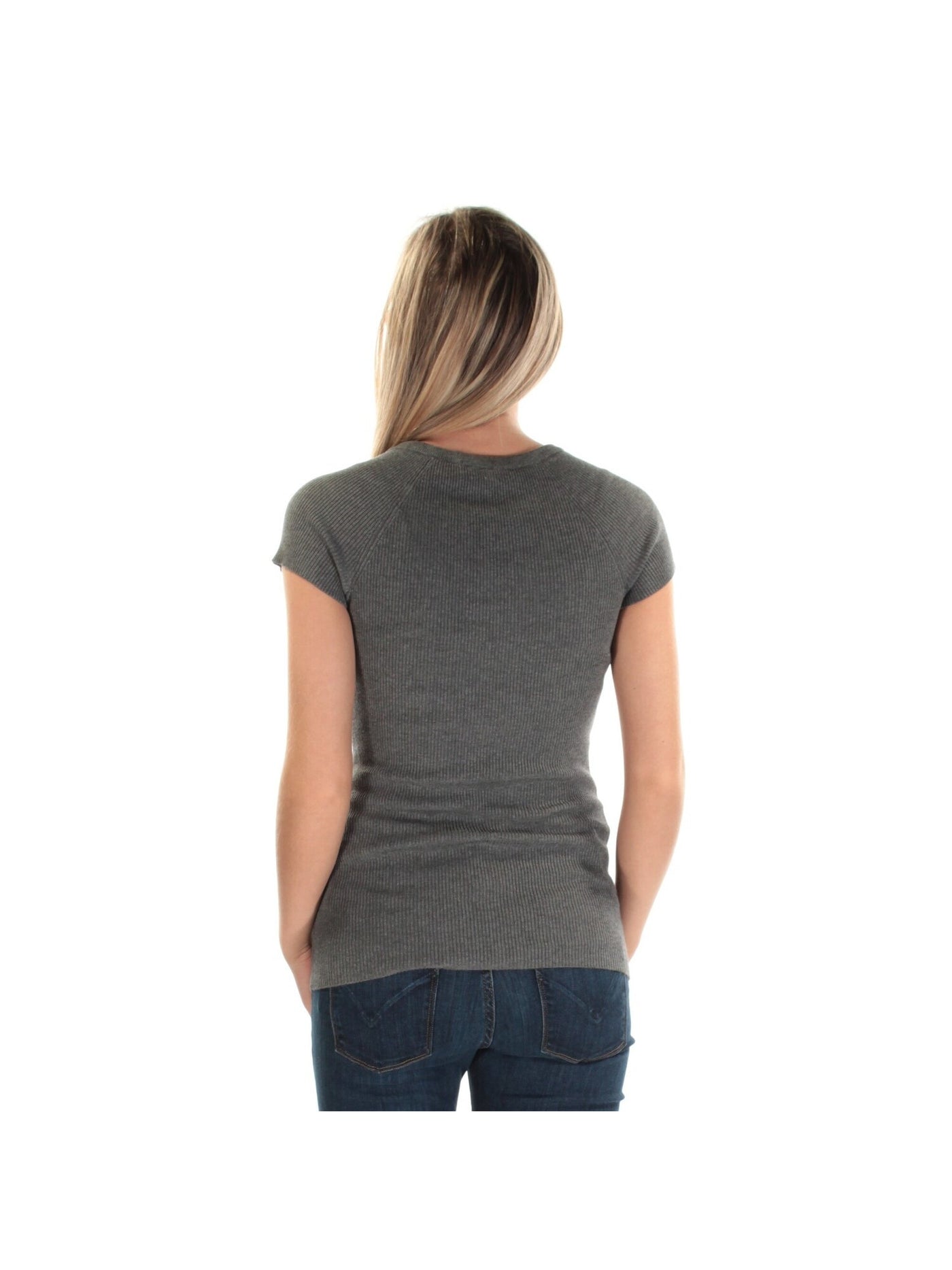 INC Womens Gray Ribbed Zippered Accents Stretch Short Sleeve Round Neck Top XS