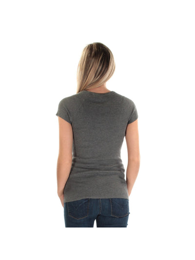 INC Womens Gray Ribbed Zippered Accents Stretch Short Sleeve Round Neck Top XS